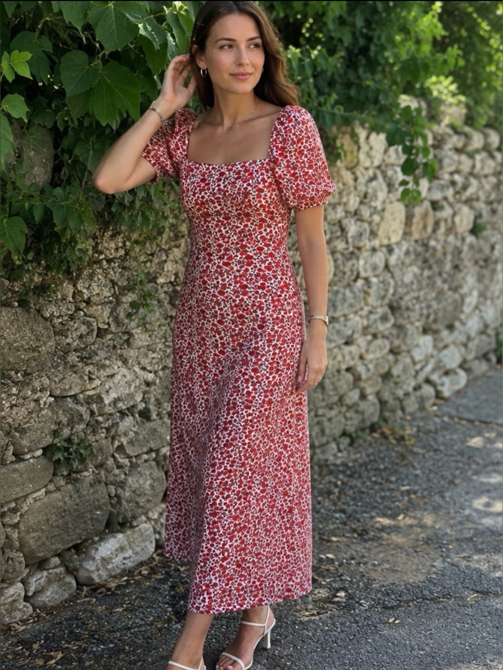 ASOS Red Floral Square Neck Midi Dress with Puff Sleeves